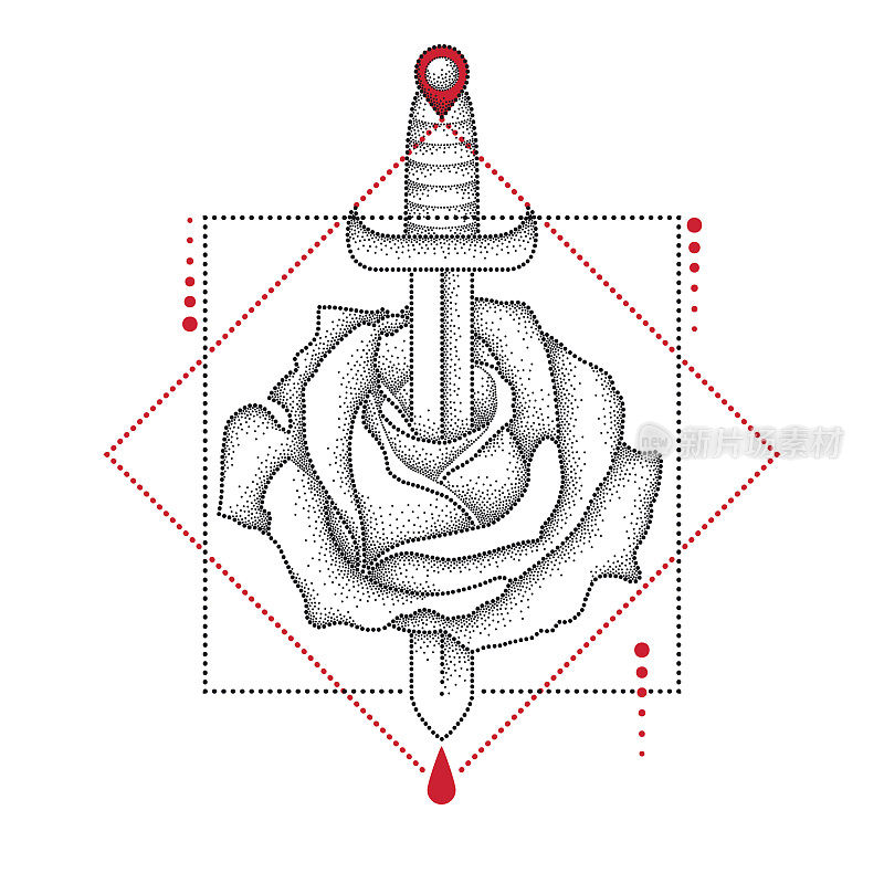 符号几何和玫瑰dot - work风格的纹身设计。